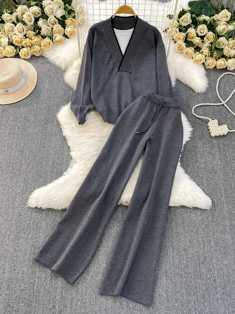 

Fashion Knitted Set Women's 2025 Autumn/Winter Chic Color blocked Round Neck Long Sleeve Top+Casual High Waist Pants