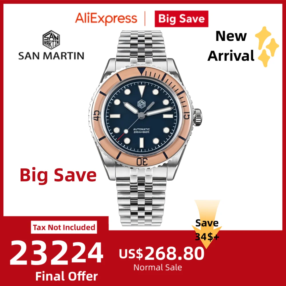 

San Martin 40mm Sapphire Bezel NH35 Watches For Men Diving Wristwatch Mechanical Luxury 5-Link Bracelet BGW-X1 20ATM SN0133