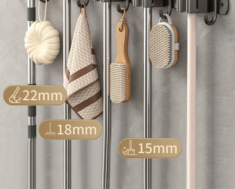 Edelstahl Wandmontierter Mopphalter Organizer mit Haken Bohrfreie Badezimmer-Besen-Aufbewahrungsklammer Robuste Halterung – Detail 7