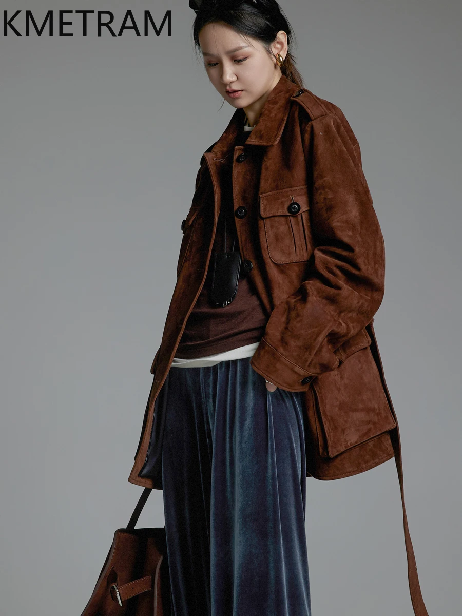 KMETRAM Giacca in pelle da donna in pelle di pecora naturale al 100% con cintura Retro Marrone Genuino abbigliamento femminile Autunno 2025 di media lunghezza пikusьто