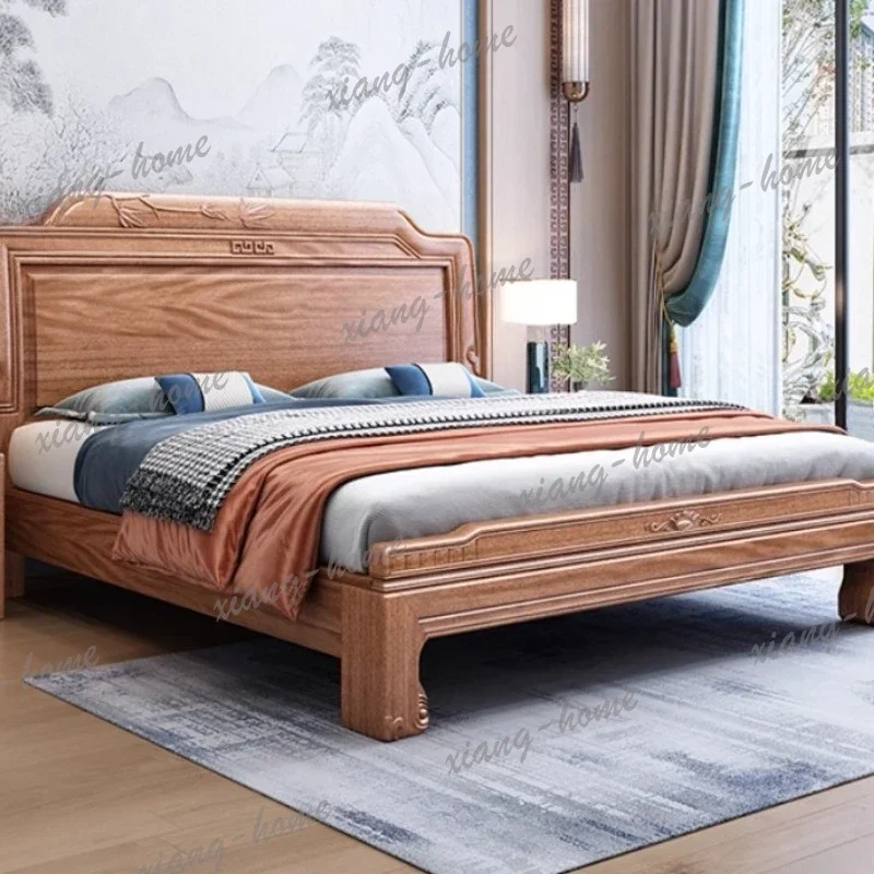 LJY 2 People Bigfoot Bed Red Sandalwood Solid Wood Bed Minimalist Wood Wax Oil Coating Antique-style Full Tenon and Mortise Join