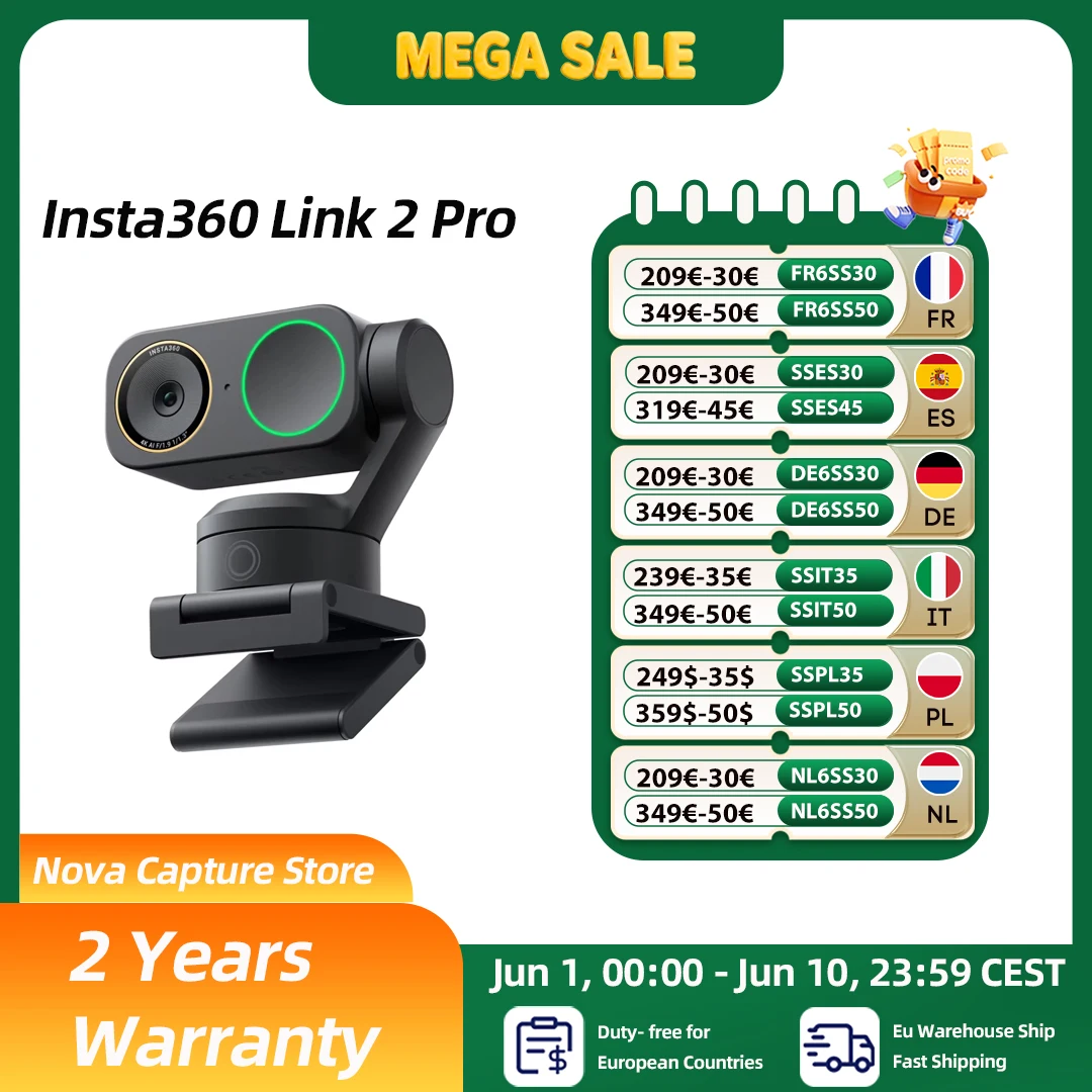 Insta360 Link 2 Pro – Webcam 4K UHD avec stabilisation sur 2 axes, suivi automatique par IA et capteur 1/1.3” Nouveau Link 2 Pro