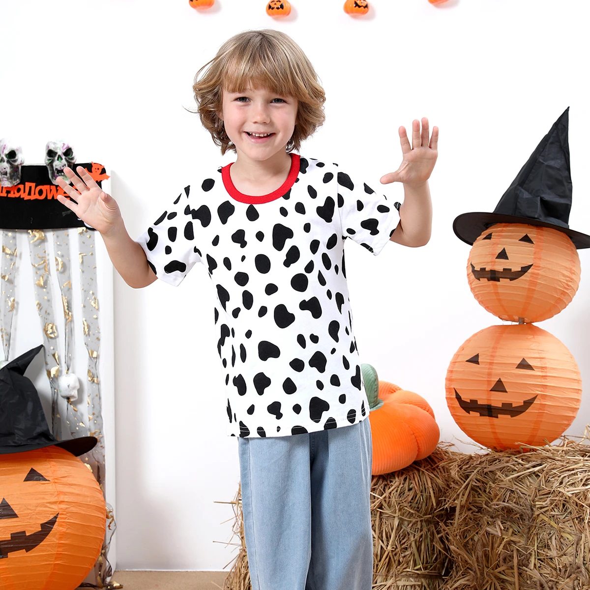 Baby Boy Dalmatian T-Shirt Toddler Halloween Cow Print Tees Kids Spotted Dog Red Collar Top Fashional Casual Short Sleeves