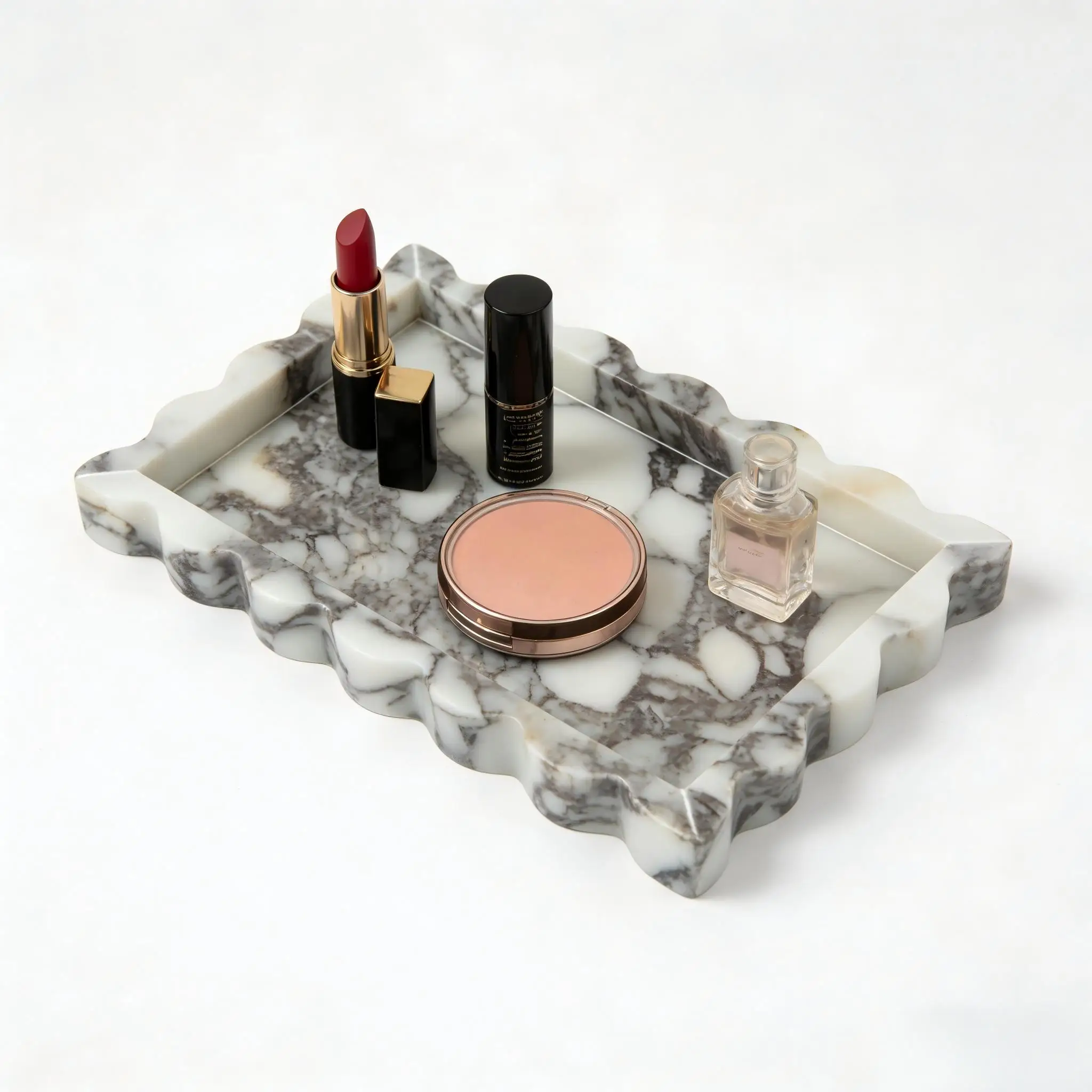 

Decorative Marble Vanity Tray, Rectangular with Scalloped Edge,Calacatta Viola Jewelry and Home Decor Organizer Stone Tray