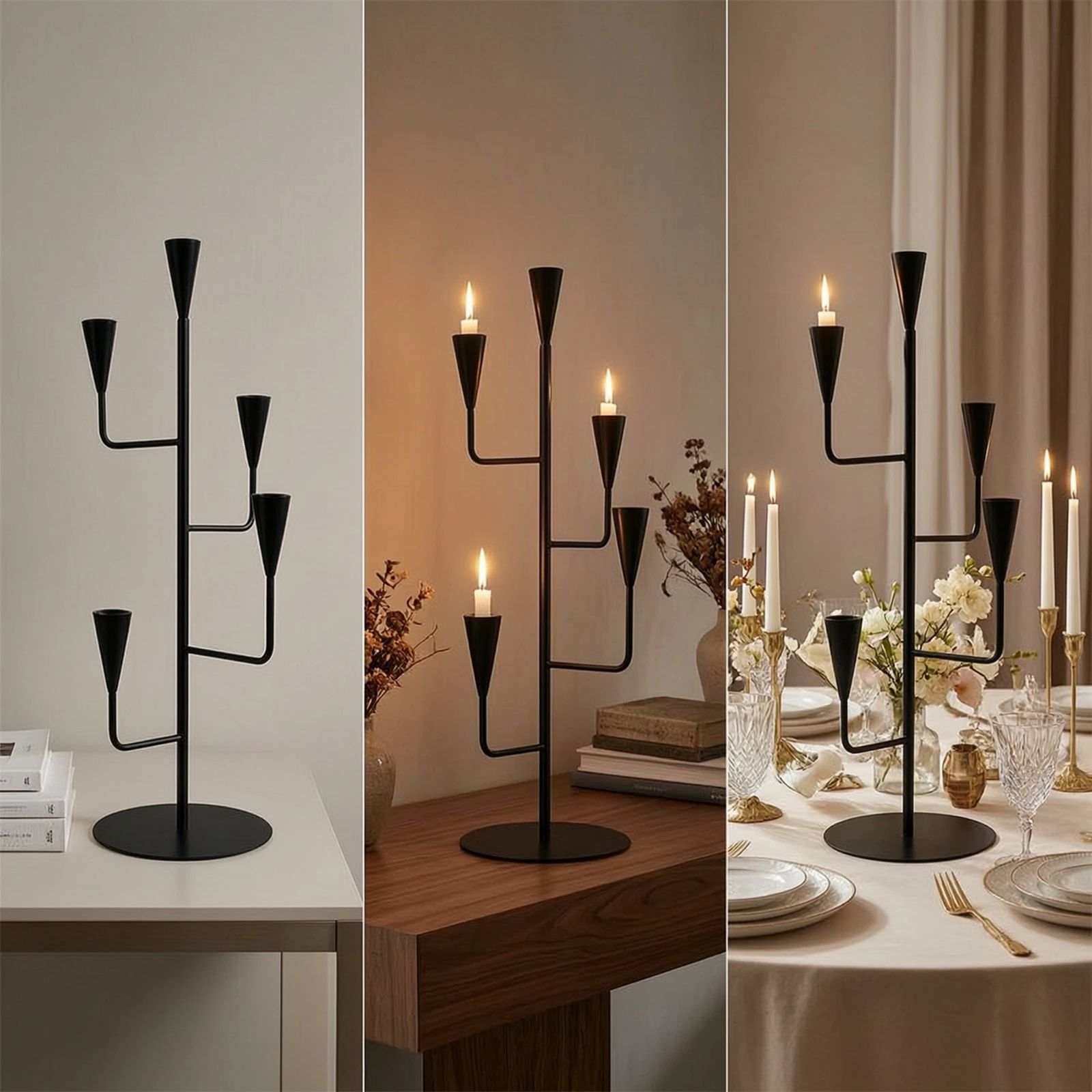Branch Candlestick Holder Matte Black Five-Arm Candelabra Candle Holder with Five Cups Metal Sculptural for Dining Table, Mantel view 5