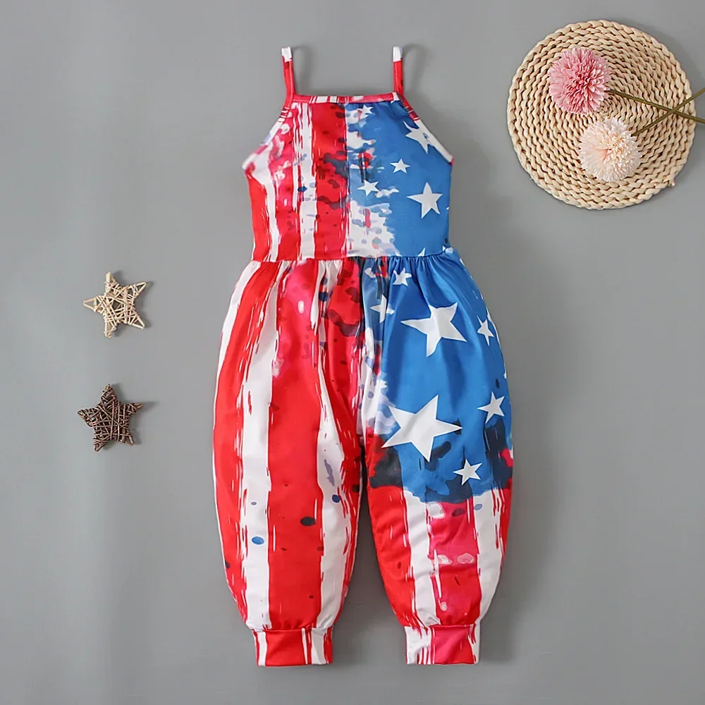 Kids Girl One-piece Bodysuits Backless Straps Overalls Stars Printed Independence Day Costume Suspenders Jumpsuits Playsuits