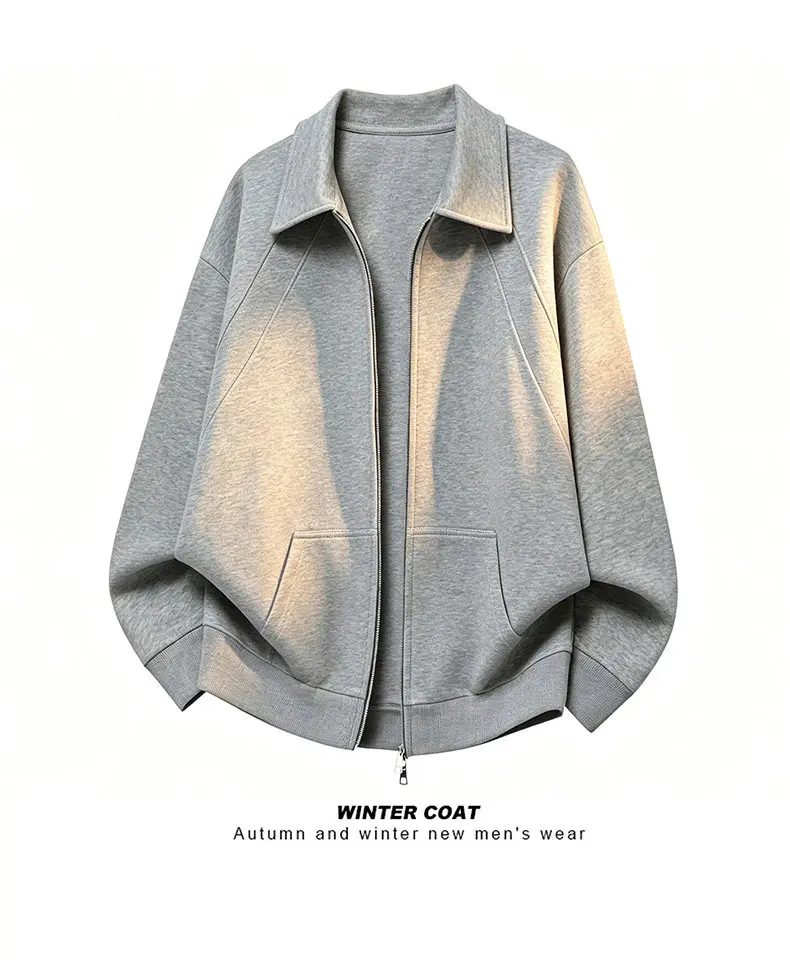 Men's Casual Double Head Zipper Sweatshirt Solid Color Turn-down Collar Loose Fit Autumn 360gsm Comfortable Sweatshirt