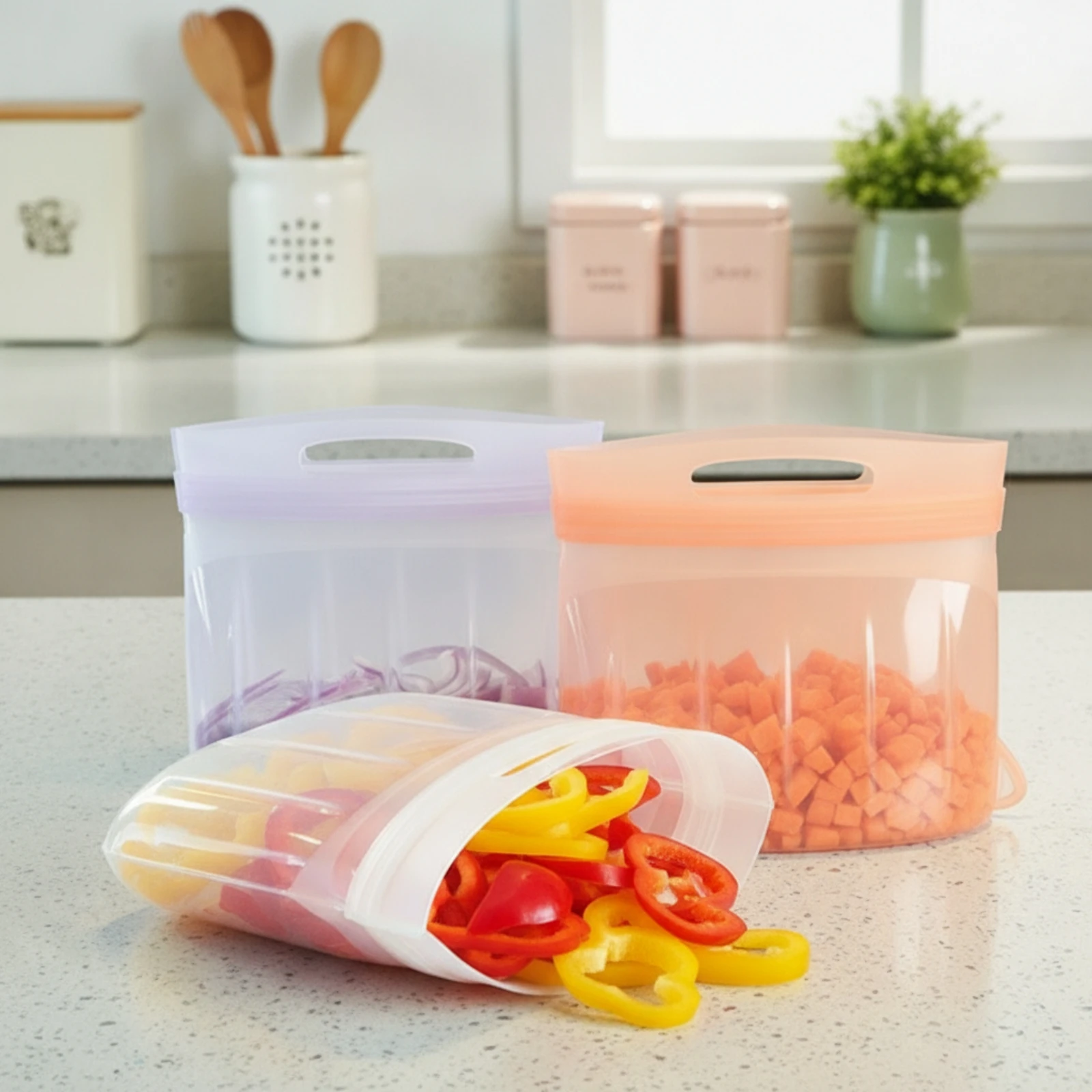 Silicone Food Storage Pouch with Handle Freezer-Safe Reusable Food Storage Bag Stand-up Pouch with Handle Translucent