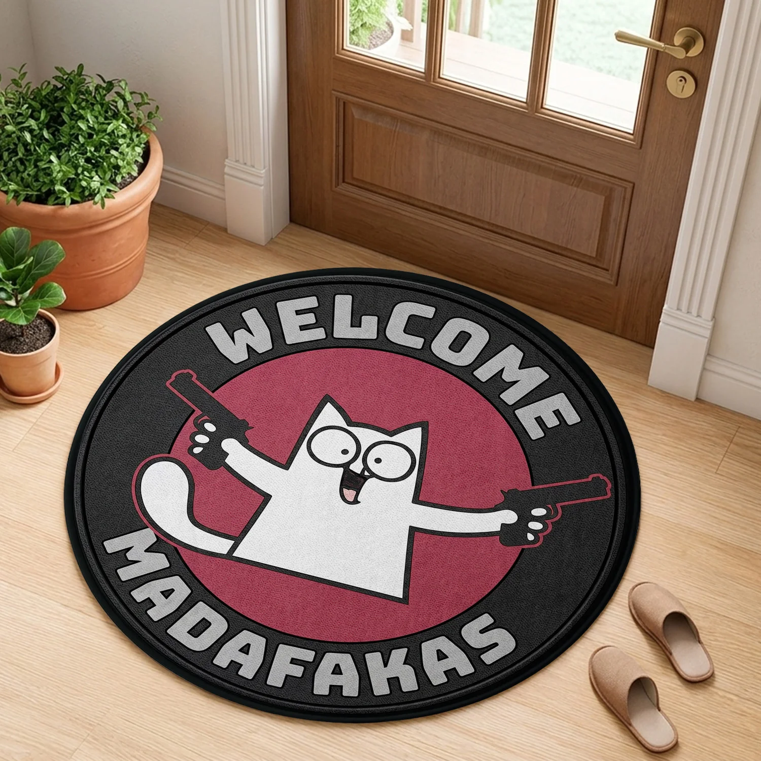 Funny Welcome Madafakas Cat Doormat, Cartoon Gun Holding Kitty Entrance Rug, Novelty Round Floor Mat for Entryway, Living Room