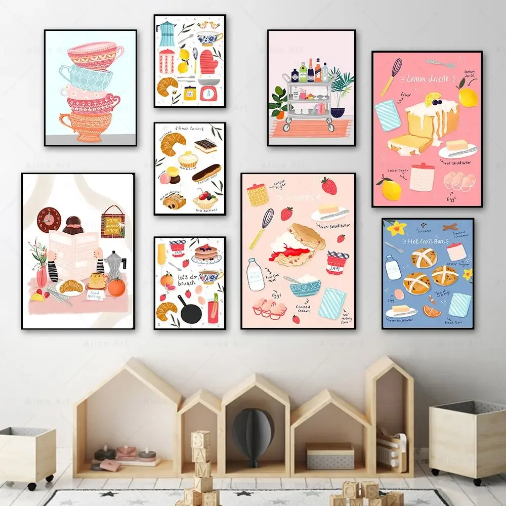 Kitchenware Tea Set Seasone Wall Art Posters Make Cake Bread Eat Food Print Canvas Painting Pictures for Kitchen Home Decoration