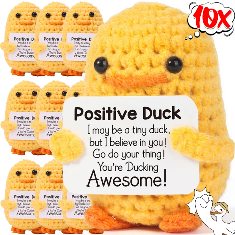 New Positive Energy Duck Hug Pocket Mini Handmade Plush Wool Knitting Doll with Card Funny Birthday Gift Home Room Decoration