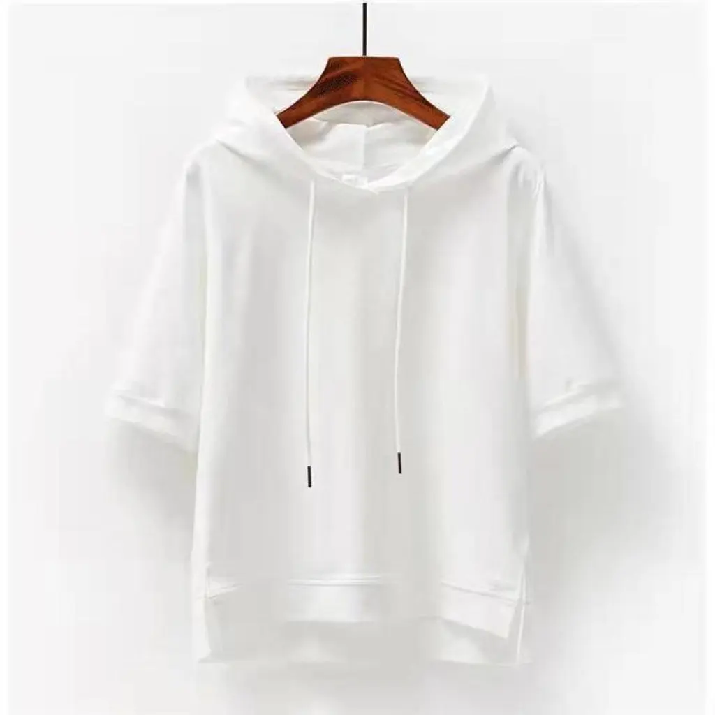 Korean Style Women's Short Sleeve Hooded T-Shirt Loose Solid Color Spring Summer Half Sleeve Split Design Top