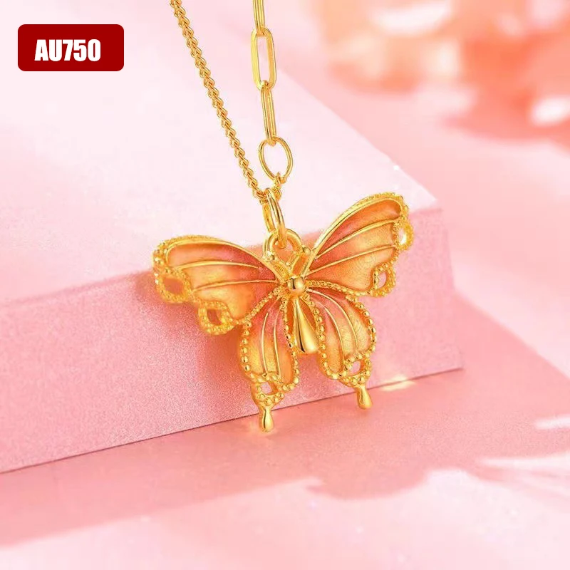 

Authentic AU750 Real Gold 18K Butterfly Pendant Necklace Classic Gift Genuine Present For Woman Fine Jewelry