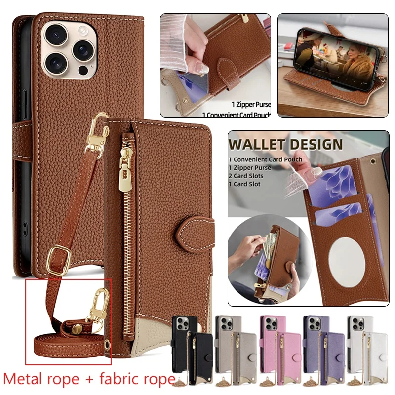 

Long Rope Leather Wallet Phone Case for IPhone 17 Air 16 Pro Max 17E 16E 15 14 13 12 11 Miror Card Holder Cover Hoesje Coque Bag