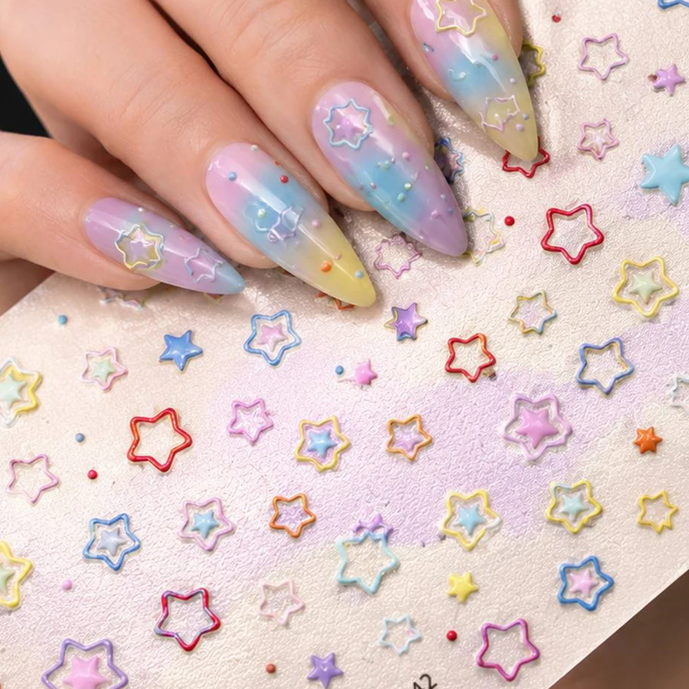 1Pc 5D Embossed Y2K Mini Star Nail Stickers Multicolor Hollow Five-pointed Star DIY Gel Press On Nail Charm Kit
