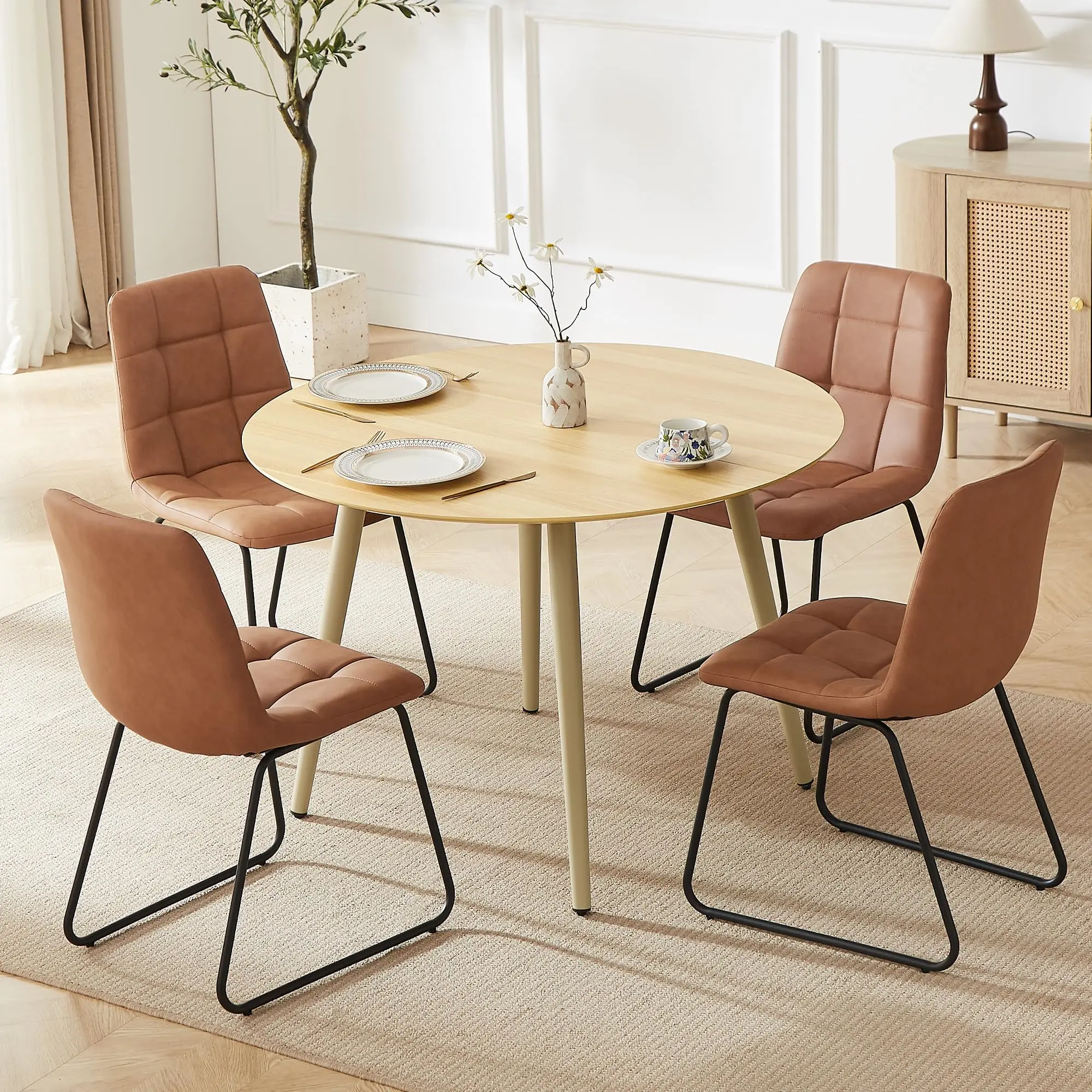Round Dining Table Set for 4, Cream Table with 4 PU Brown Chairs | 43.3 Inch MDF Tabletop, Steel Legs with Non-Slip