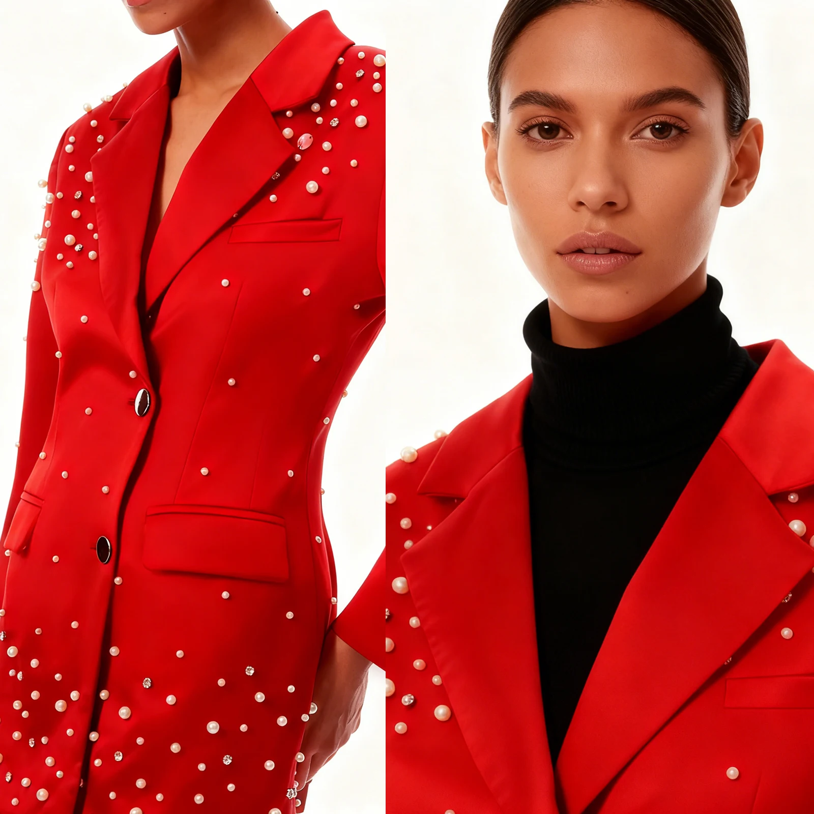 

Pearl Beaded Women Blazer Dress Tea Length Plus Size Customized Sheath Overcoat Jacket Special Occasion Party Dress