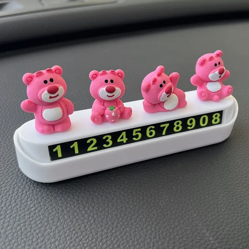 Cartoon Disney Lotso three-dimensional cute pink car moving ornament with one click to hide temporary parking clear number plate