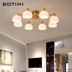 BOTIMI Nordic Chandlier With Glass Lampshades For Living Room Modern Ceiling Lustres 3 6 8 Bedroom Lighting Wooden Chandeliers