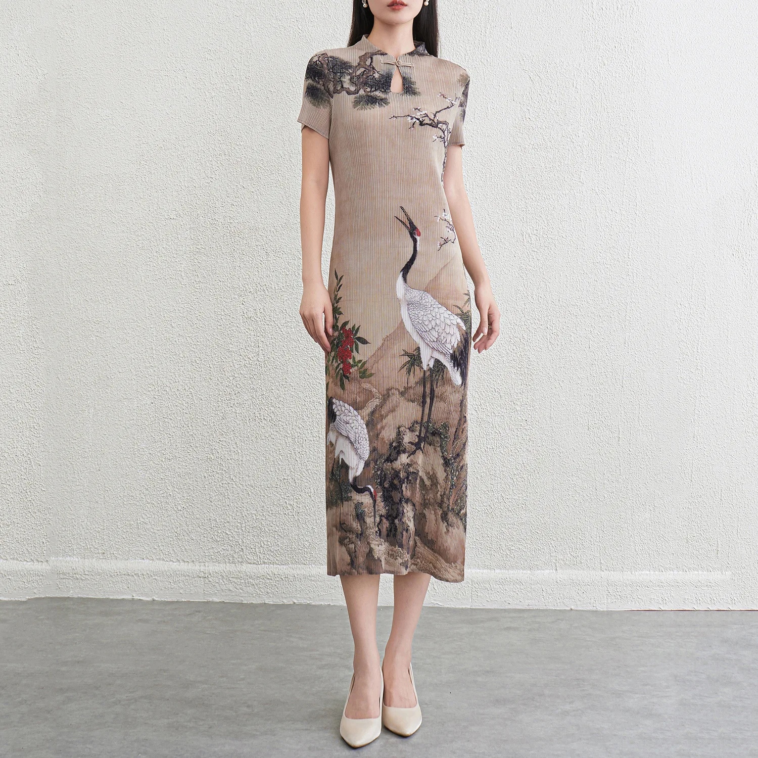 

Retro Chinese style printed modified cheongsam slit everyday bodycon pleated waist slimming mid-length dress for summer