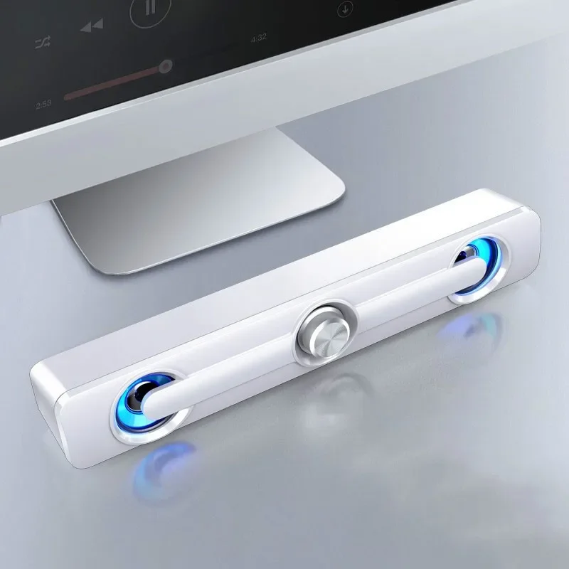 مكبر صوت ذكي متوافق مع الكمبيوتر يعمل بمنفذ USB، تصميم فريد مع ضوء أزرق