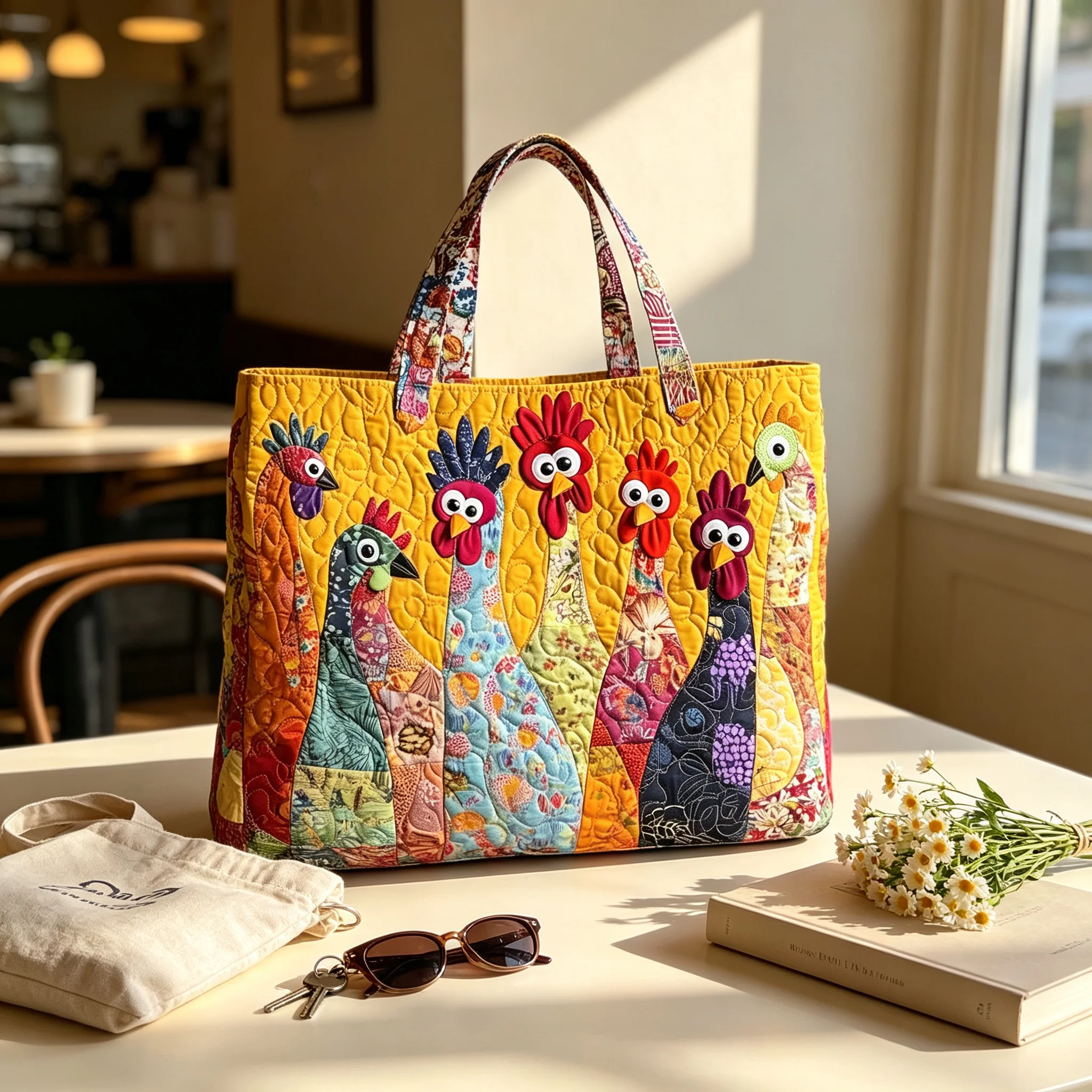 3D Printed Chicken Patchwork Tote Bag, Farm Animal Chicken Shoulder Bag, Large Capacity Shopping Handbag Gift for Farm Lovers