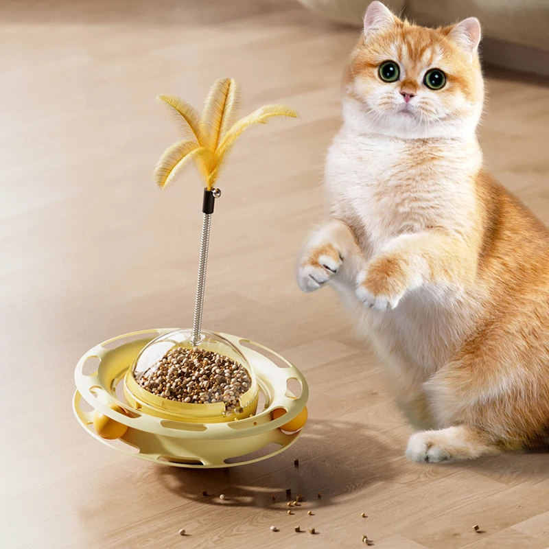 Turntable Leaking Food Cat Toy with Feather Teaser Wand Durable Boredom Relief Teasing Interactive Toy for Kitten Stuff for Cats