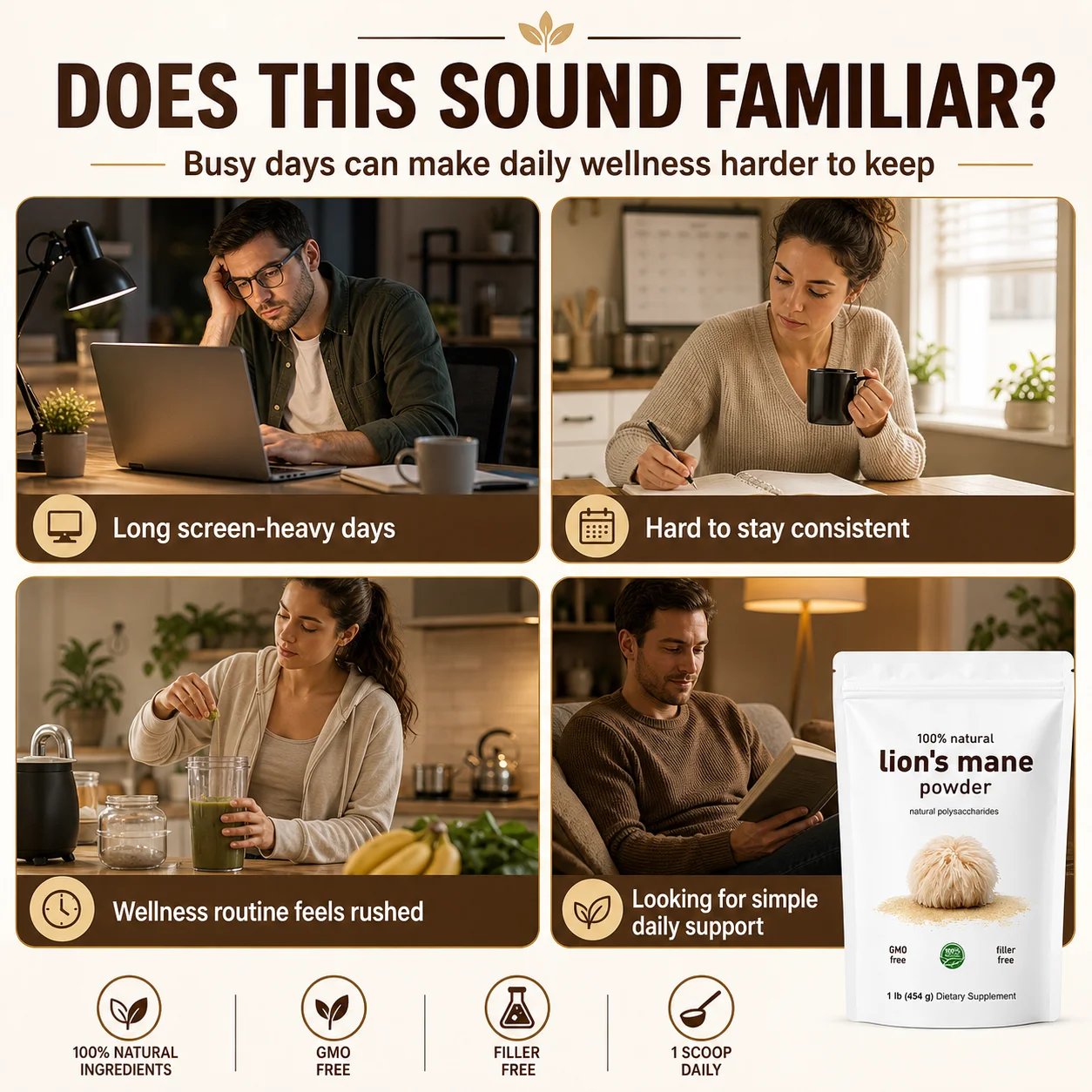 Organic Lions Mane Mushroom Powder Pure Fruiting Body Superfood Supports Brain Focus Energy Immune Health Vegan Non GMO