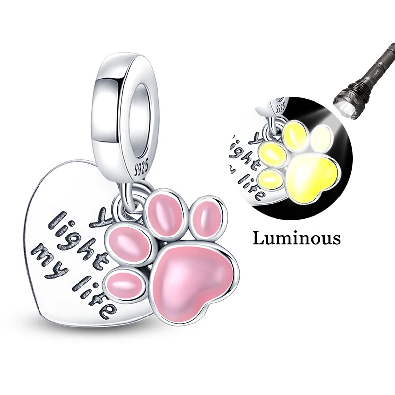 

925 Sterling Silver Luminous Pink Cute Claw Charms Pendant Fit 3mm Original Bracelet DIY Women Birthday Party Jewelry Gifts