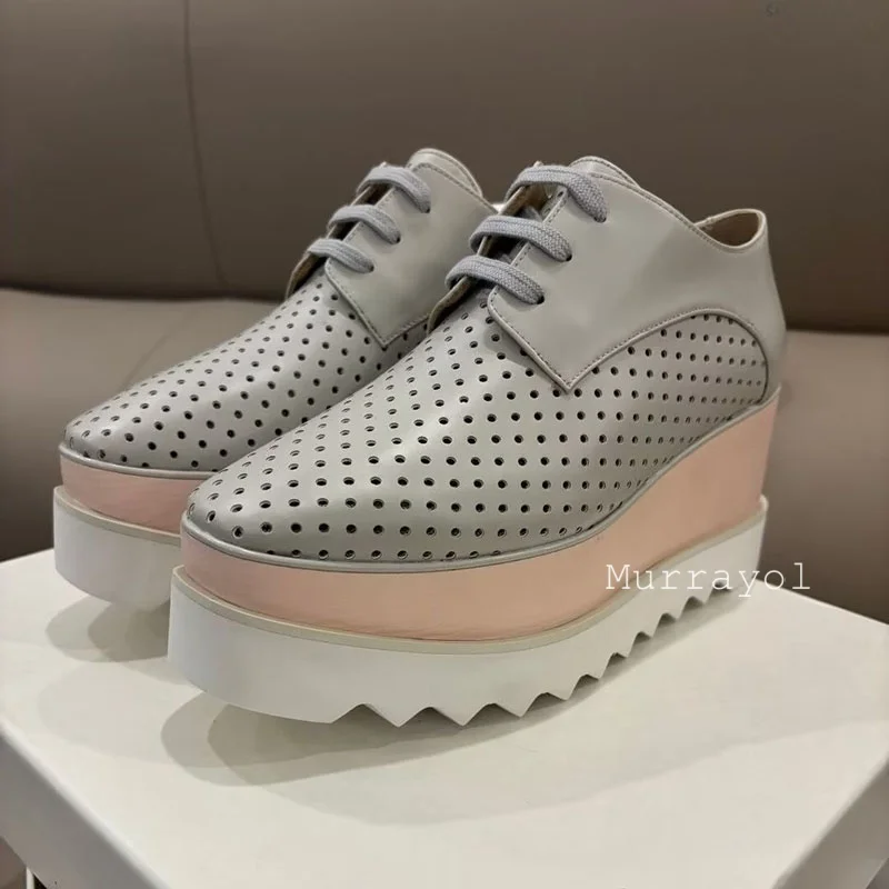 Walking Shoes Genuine Leather Hollow-out Thick Bottom Casual Shoes Women Four Seasons Lace Up  Waterproof Platform Flat Shoes