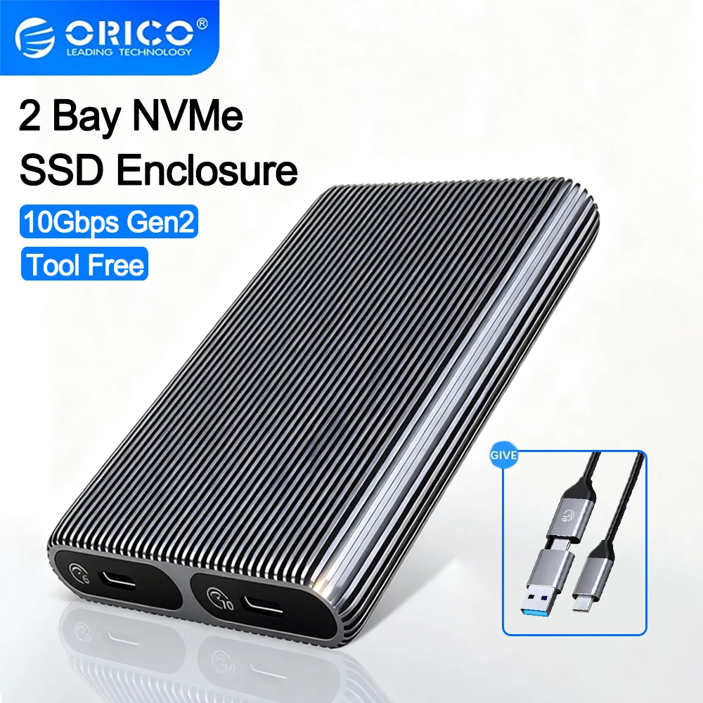 

Адаптер корпуса ORICO 2 Bay M.2 NVMe SSD 10 Гбит/с USB3.2 Gen2 с кабелем C-C/A 2-в-1 Внешний корпус поддерживает ключи M/B&M