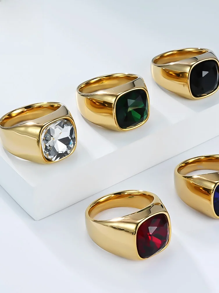 

Luxury Titanium Steel Ring with Embedded Glass Diamond Bla Gemstone ex Faion Jewelry for Men And Women