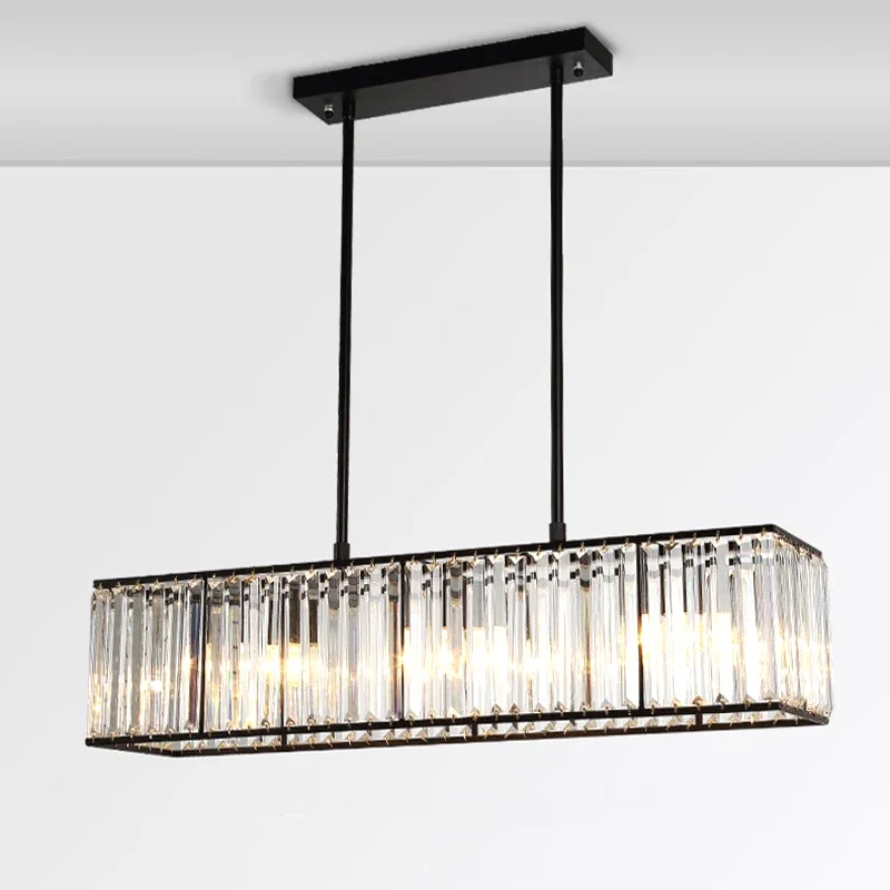 American Style Crystal Chandelier Modern Rectangular Iron Hanging Lamp Bar Counter Dining Table Pendant Light for Home Deco