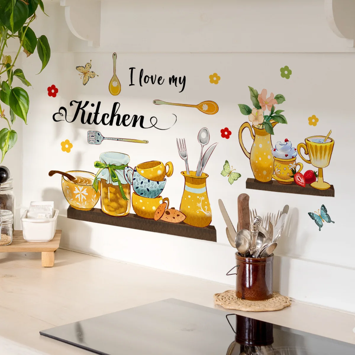 Kitchen Condiments Tableware Wall Stickers Seasoned with Love Home Word Saying Wall Art Decals for Dining Room Restaurant