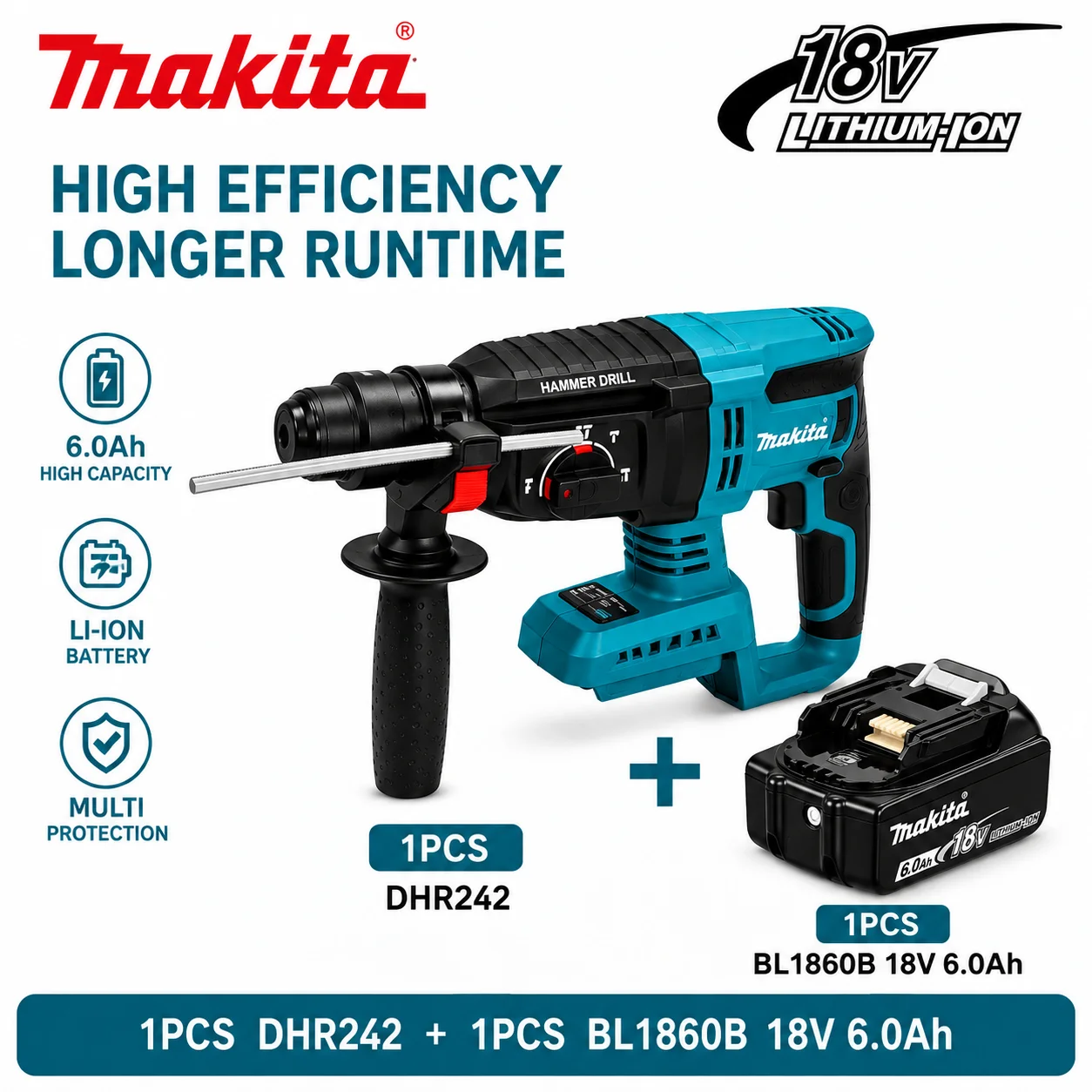 Makita Bürstenloser Elektrischer Bohrhammer DHR242 Akku 26mm Kabelloser Multifunktionaler Schlagbohrer Elektrowerkzeug für Makita Akku