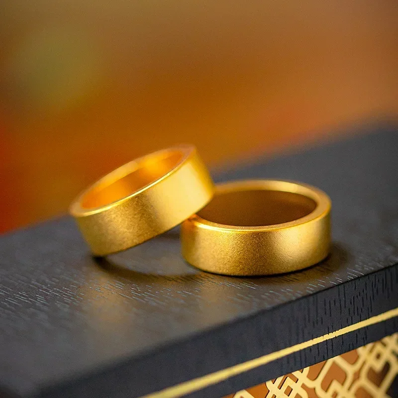 Real Gold Ancient Law Inheritance Ring, 24K Yellow Gold Lovers Circle Ring for Men and Women Couples Wedding Party Gift