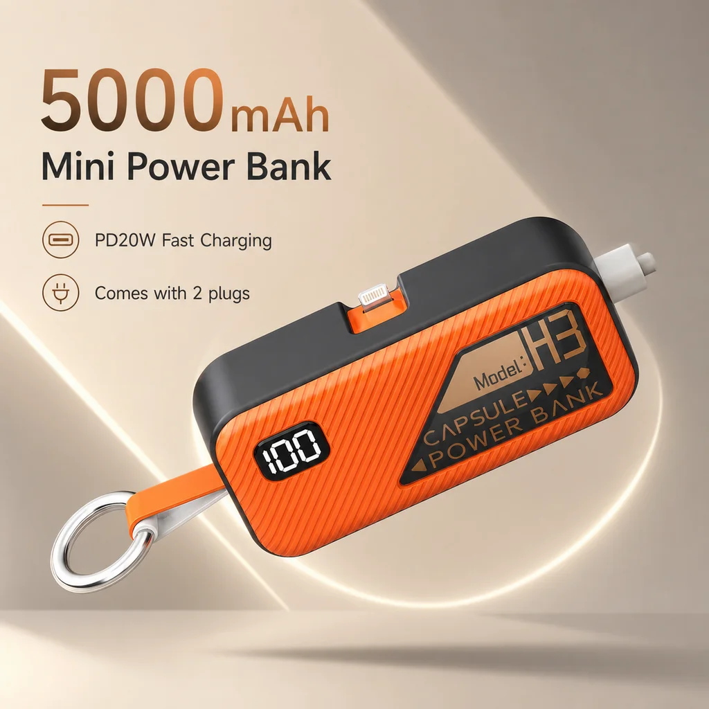 Mini Power Bank 5000mAh Portable Charger with Built-in Charging Cable Keychain External Battery For iPhone Xiaomi Huawei