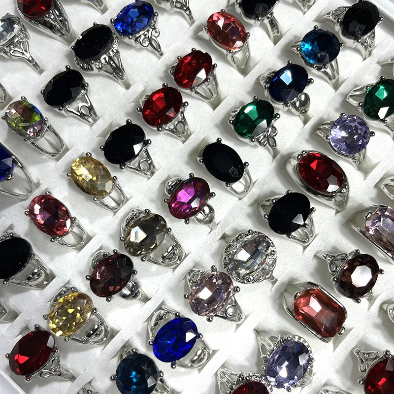 200Pcs Fashion Mixed Color Multicolor Crystal Zircon Silver Plated Ring For Women Jewelry Bulks Rings Lots LR4212