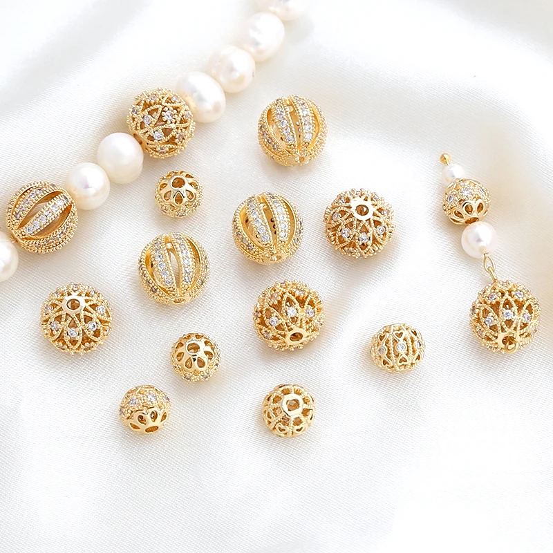 Copper Plated with Genuine Gold Zircon Inlaid Hollow Circular Partition Beads DIY Manufacturing Fashion Jewelry Accessories