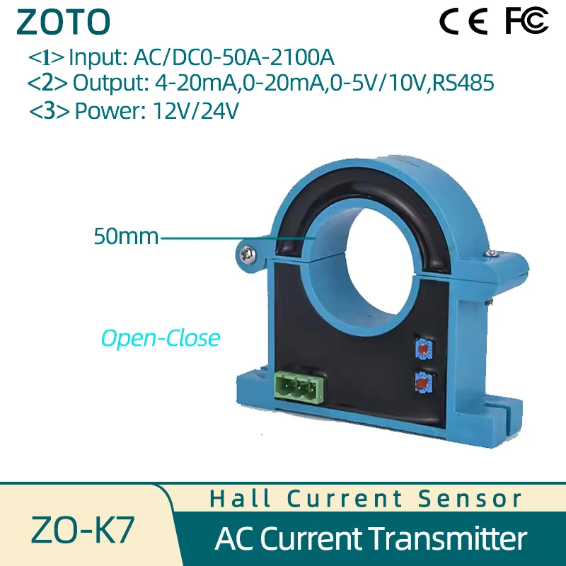 

Передатчик переменного тока 24 В/12 В постоянного тока, датчик Холла, аналоговый выход 50 мм 0-50A-3000A, датчик-преобразователь