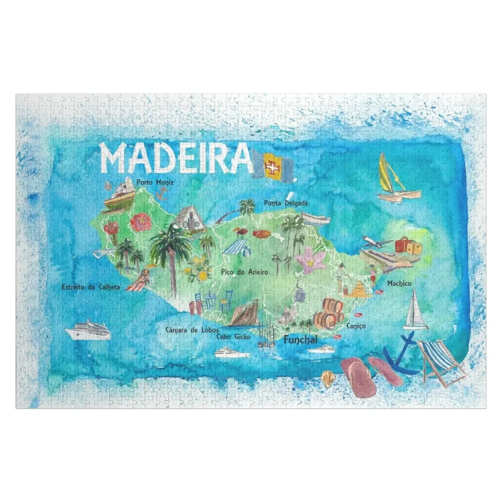 Madeira Portugal Island Illustrated Map with Landmarks and Highlights Jigsaw Puzzle Custom Personalized Name Personalize Puzzle