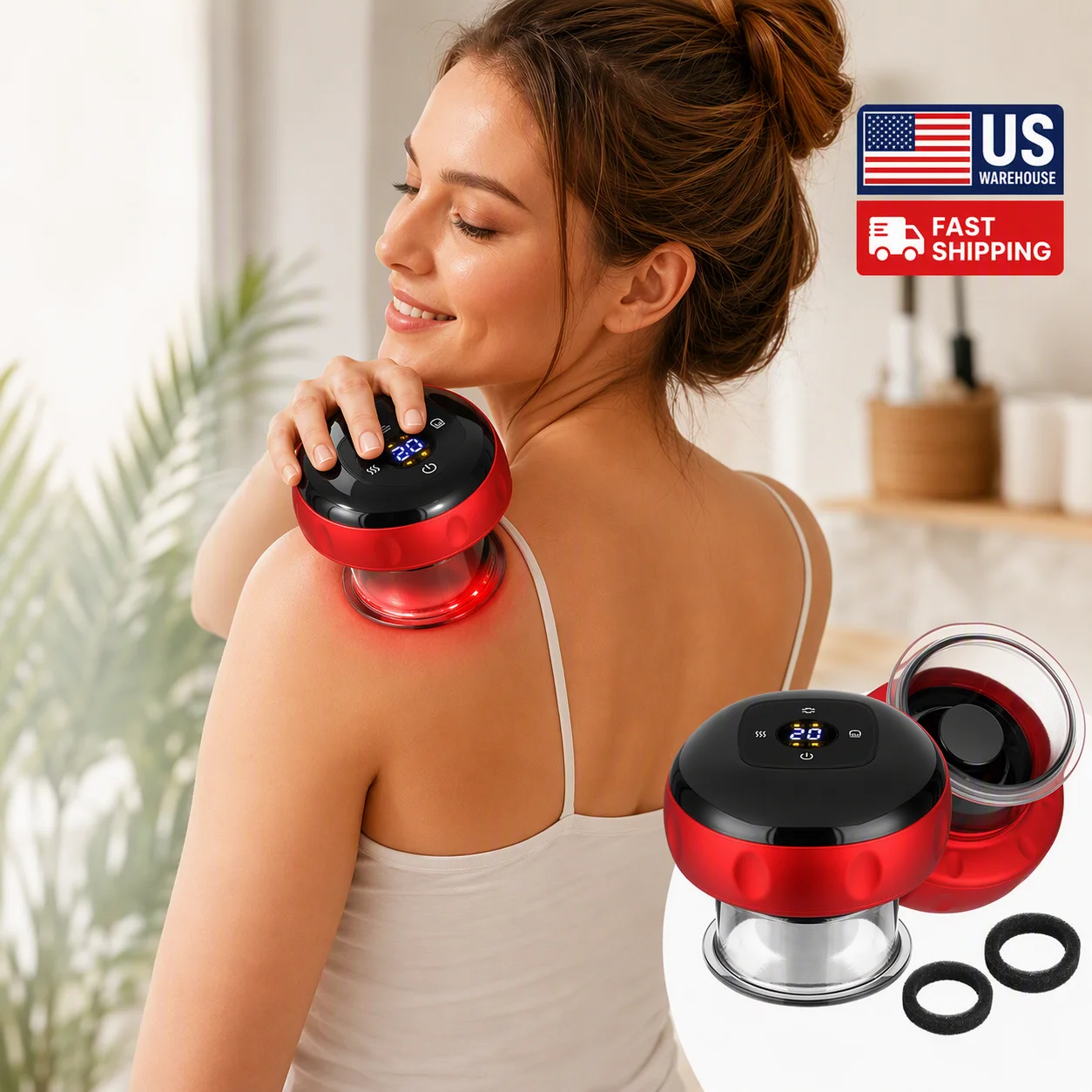Electric Cupping Massager 12 Levels Vacuum Suction Red Light Heating LCD Display 20Min Timer Body Relaxation Care Gua Sha Tool