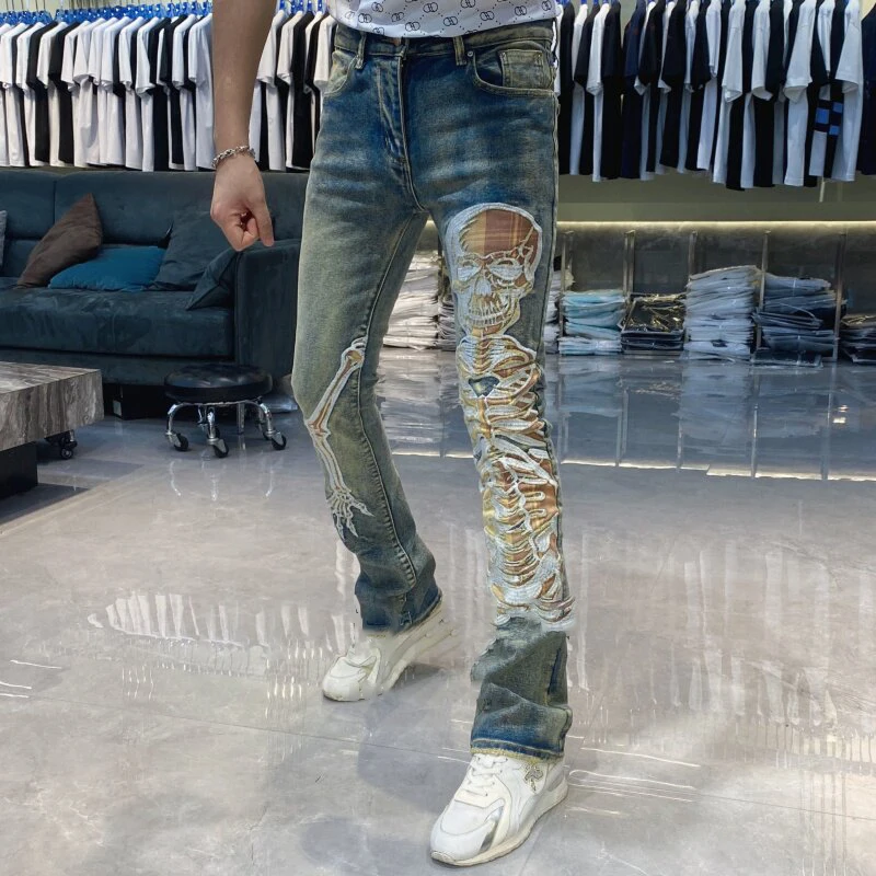 2026 Fashion Trendy Versatile Long Pants Jeans Masculina Mens Jeans Brand Skeleton Man Patchwork Jeans Men Slim Fit Jeans Hombre