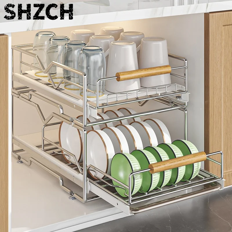 Stainless Steel Pull Out Dish Rack 2 Layers Drawer Organizer for Kitchen Sliding Basket for Bowls Plates Under Sink Spices Shelf
