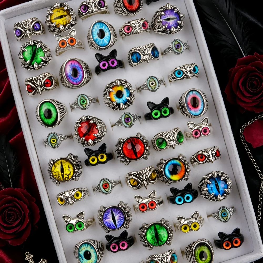 10/20/50Pcs/Lots s Classic Halloween Gothic Evil Eye Rings For Men Women Cat Eyeball Retro Mix Costume Punk Jewelry Party Gifts