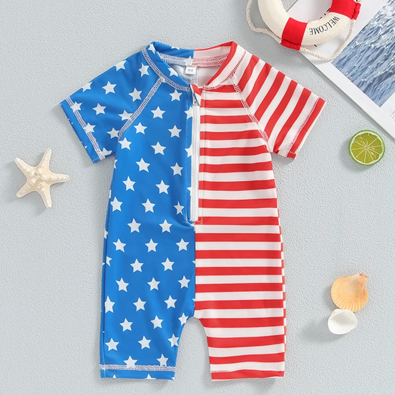 

Lioraitiin Toddler Baby Boys 4th of July Rash Guard Swimsuit Rompers Zipper Short Sleeve Stripe Star Print Kids Bathing Suit