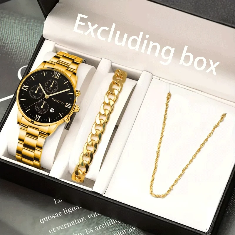 

1pc Fashion Men Watches Classic Calendar Men's Round Quartz Watches, Men's Business Stainless Steel Watch Men Bracelets Necklace