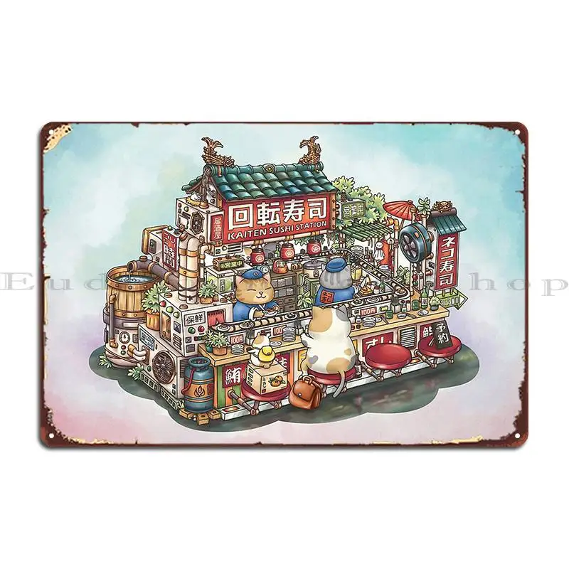 Steampunk Chubby Cat Sushi Restaurant Metal Sign Wall Pub Rusty Wall Decor Garage Designing Tin Sign Poster