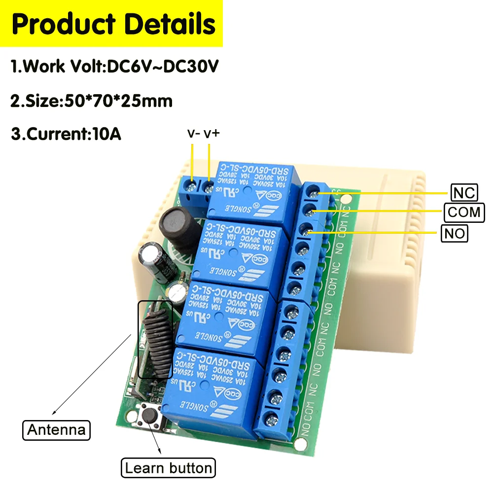 Bezprzewodowy RF pilot zdalnego sterowania przełącznik DC6V 12V 24V 30V 4 kanał 433Mhz przekaźnik odbiornik i nadajnik dla brama garażowa diody Led