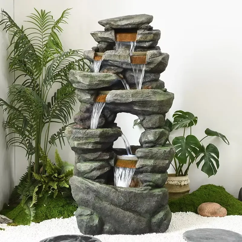 Pastoral Feng Shui Resin Rockery Flowing Water Fountain Circulating Feature Garden Landscape Creative Indoor Outdoor Home